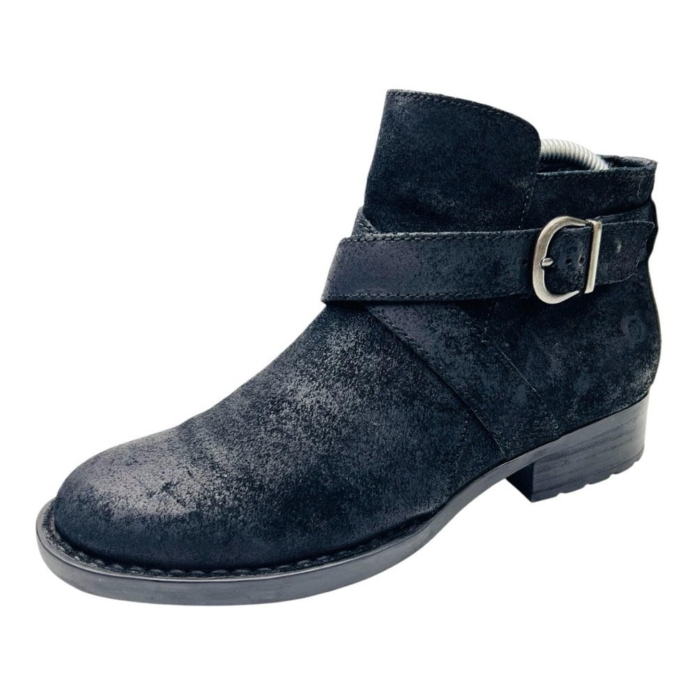 BORN Trinculo Black Distressed Suede Leather Cross Straps with Buckle Moto Boots